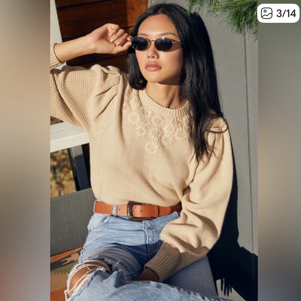 Lulu's Petal Warmed Up Beige Flower Stitch Sweater